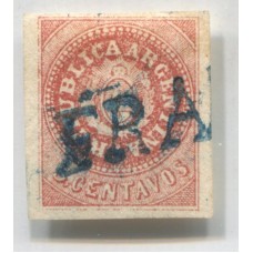 ARGENTINA 1864 GJ 15 ESCUDITO ESTAMPILLA COLOR ROSA CON MATASELLO FRANCA EN AZUL DE ROSARIO DE SANTA FE U$ 33 + 75 %