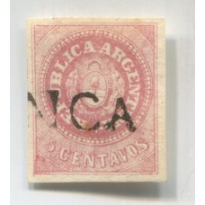 ARGENTINA 1862 GJ 10 ESCUDITO ESTAMPILLA RARO TONO COLOR ROSA LILACEO CON MATASELLO FRANCA DE SANTIAGO DEL ESTERO