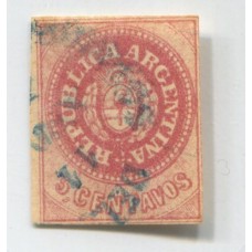 ARGENTINA 1862 GJ 10Bb ESCUDITO COLOR ROSA ACARMINADO MATASELLO CONCEPCION DEL URUGUAY INFIMO ADELGAZAMIENTO ESTAMPILLA CON VARIEDAD PUNTO SOBRE LA "L" U$ 100