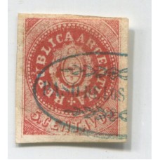 ARGENTINA 1864 GJ 15Ab ESCUDITO ESTAMPILLA COLOR ROSA CARMIN VARIEDAD FALTA DE LINEA DE RECUADRO INFERIOR, MATASELLO PASO DE LOS LIBRES CORRIENTES U$ 100 +