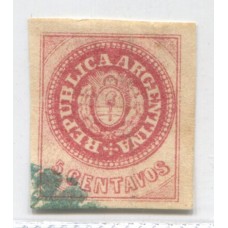 ARGENTINA 1862 GJ 12 ESCUDITO PLANCHA SEMIGASTADA CON MATASELLO MUDO DE COLOR AZUL VERDOSO HERMOSO U$ 33