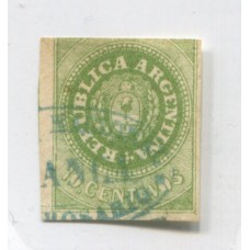 ARGENTINA 1862 GJ 08A ESCUDITO ESTAMPILLA COLOR VERDE OLIVA CON MATASELLO FRANCA ROSARIO EN AZUL + 200 % HERMOSO FIRMADO POR DON VICTOR KNEITSCHEL RARO U$ 220 + 200 %