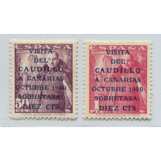 ESPAÑA 1950 Yv. 806A/807A VARIEDAD MEDIDA DE LA SOBRECARGA 16.5 mm SERIE COMPLETA VISITA DEL CAUDILLO A CANARIAS ESTAMPILLAS NUEVAS CON GOMA 260 EUROS