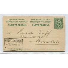 ARGENTINA 1896 ENTERO POSTAL PARAGUAYO CON MATASELLO CORREO ARGENTINO ESTAFETA FLUVIAL Nº 4, MUY RARO