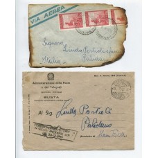 ARGENTINA 1949 ACCIDENTE AEREO CARTA CIRCULADA DESDE CANAL SAN FERNANDO TIGRE A ITALIA, RECUPERADA MAS DE UN MES DESPUES CON SIGNOS DE FUEGO, ACOMPAÑADA POR CARTA OFICIAL ITALIANA QUE LA CONTENIA PARA SU DISTRIBUCION FINAL, RARISIMA