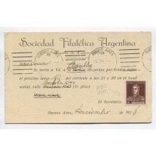 ARGENTINA 1926 TARJETA DE LA SOCIEDAD FILATELICA CON ESTAMPILLA DE SAN MARTIN 2 Cts. CON VARIEDAD DOBLE IMPRESIÓN, MUY RARA