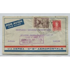 ARGENTINA 1930 SOBRE PRIMER VUELO PILOTO JEAN MERMOZ REMITENTE OFICIAL DE LA CIA. GENERALE AEROPOSTALE CIRCULADO A ESPAÑA, RARO DESTINO