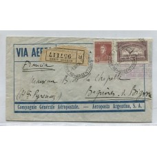 ARGENTINA 1930 SOBRE PRIMER VUELO PILOTO JEAN MERMOZ DE LA CIA. GENERALE AEROPOSTALE CIRCULADO A FRANCIA, NOTESE QUE EL GOMIGRAFO DEL VUELO FUE ALICADO EN EL SOBRE ANTES DE COLOCAR EL FRANQUEO, CORREO CERTIFICADO, RARO