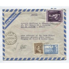 ARGENTINA 1956 SOBRE CERTIFICADO VIA AEREA CIRCULADO A BRASIL CON ALCANCE A PASAJERO DEL BARCO "URUGUAY", RARO