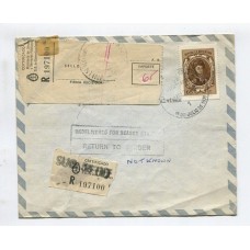 ARGENTINA 1976 SOBRE CIRCULADO A MALVINAS CON MATASELLO DECLARACION CONJUNTA Y RECIBO DE CERTIFICADA VUELO ESPECIAL 16/8/72 CON MARCA BRITANICA DEVOLVER AL REMITENTE