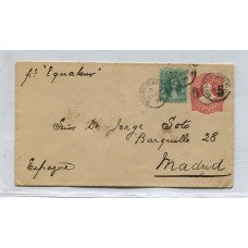 ARGENTINA 1890 SOBRE ENTERO POSTAL CON VARIEDAD EN LA SOBRECARGA Y FRANQUEO ADICIONAL CIRCULADO A ESPAÑA POR VAPOR EQUATEUR