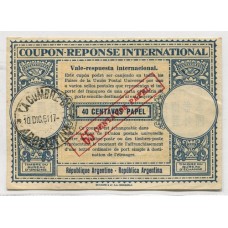 ARGENTINA 1951 CUPON DE RESPUESTA INTERNACIONAL ENTERO POSTAL DE $ 0,40 DE FACIAL RESELLADO $ 0,65 SOBRECARGA ENMARCADA