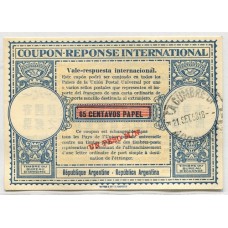 ARGENTINA 1953 CUPON DE RESPUESTA INTERNACIONAL ENTERO POSTAL DE $ 0,65 DE FACIAL RESELLADO $ 1
