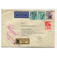 ARGENTINA 1951 CARTA CIRCULADA CON ESTAMPILLAS FRANQUEO POSTE RESTANTE PROCERES Y RIQUEZAS 1 AL DORSO, EN CARTA DESDE AUSTRIA