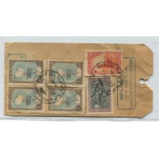 ARGENTINA SERVICIO OFICIAL 1955 TARJETA PARA SACOS DE ENCOMIENDA CON ESTAMPILLAS DE FRANQUEO MIXTO CON Y SIN SOBRECARGA PRÓCERES Y RIQUEZAS, RARA