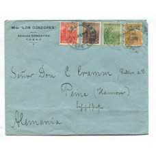 ARGENTINA 1912 SOBRE CIRCULADO A ALEMANIA CON FRANQUEO CUATRICOLOR DE LABRADOR CON MATASELLO VILLA CONDORES SAN LUIS RARISIMO