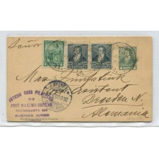 ARGENTINA 1905 ENTERO POSTAL TARJETA CON FRANQUEO ADICIONAL MIXTO 3 PROCERES Y LIBERTAD LOS SELLOS 1/2 Ctvo SON COLOR GRIS, CIRCULADA A ALEMANIA