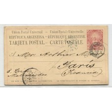 ARGENTINA 1887 ENTERO POSTAL TARJETA CON MATASELLO PAQUEBOT FRANCES LINEA J Nº 3 CIRCULADO A FRANCIA