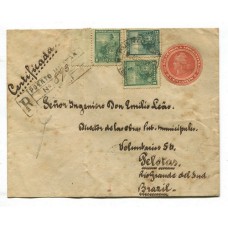 ARGENTINA 1903 ENTERO POSTAL SOBRE CERTIFICADO CON FRANQUEO ADICIONAL Y MATASELLO PUERTO MILITAR CON GOMIGRAMOS DEL CUERPO DE ARTILLERIA DE COSTA CIRCULADO A BRASIL