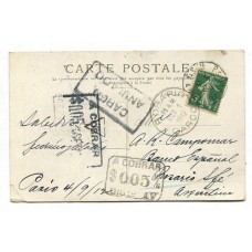 ARGENTINA 1912 TARJETA CIRCULADA DESDE FRANCIA MARCA DE TAXA + CARGO A COBRAR + CARGO ANULADO + CARGO A COBRAR DISTRITO IV , RARA