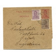 ARGENTINA 1921 ENTERO POSTAL FAJA CON ESTAMPILLAS DE SAN MARTIN CIRCULADO A YUGOSLAVIA, RARO DESTINO