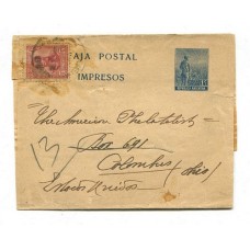 ARGENTINA 1911 ENTERO POSTAL FAJA DE LABRADOR CON ESTAMPILLA DE SAN MARTIN EN OVALO CIRCULADO A EE. UU.