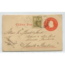 ARGENTINA 1901 ENTERO CARTA POSTAL CON FRANQUEO ADICIONAL ESTAMPILLA DENTADO 12 1/4 CIRCULADA A BRASIL