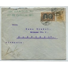 ARGENTINA 1911 SOBRE CIRCULADO CON FRANQUEO MIXTO SAN MARTIN EN OVALO Y CENTENARIO DE 1910 CIRCULADO A ALEMANIA CON MARCA DEL VAPOR ARAGON FECHADO EN 27 DE OCTUBRE