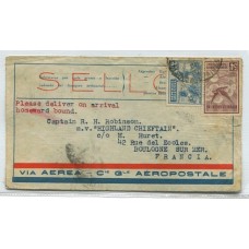 ARGENTINA 1929 CORREO AEREO CARTA CIRCULADA A FRANCIA POR Cia. Gral. AEROPOSTAL FRANQUEO DE $ 0,66 DIRIGIDA A EL CAPITAN DEL BARCO HIGHLAND CHIEFTAIN