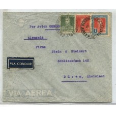 ARGENTINA 1935 CORREO AEREO CARTA CIRCULADA A ALEMANIA POR CONDOR LUFTHANSA, EL SELLO DE $ 1 TIENE UN ERROR DE IMPRESIÓN EN EL CENTRO ROJO BORDE SUPERIOR