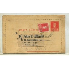 ARGENTINA 1931 ENTERO CARTA POSTAL CIRCULADO CORTADO AL MEDIO COMO TARJETA CON FRANQUEO ADICIONAL Y MARCAS DE TRANSITO Y RECEPCION AL DORSO LO QUE DEMUESTRA ESTE RARO USO