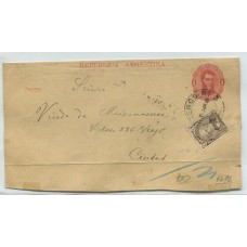 ARGENTINA 1889 ENTERO POSTAL FAJA CON FRANQUEO ADICIONAL , MATASELLO CARTEROS Nº 3