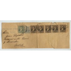 ARGENTINA 1892 ENTERO POSTAL FAJA CON FRANQUEO ADICIONAL ESTAMPILLA DE 1/2 Ct. GRIS Y TIRA DE 5 SELLOS DE 1 Ct.