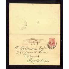 ARGENTINA 1893 ENTERO POSTAL TARJETA DOBLE USADA RARA RI. T 16 CIRCULADA A INGLATERRA