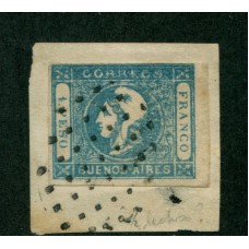 ARGENTINA 1859 GJ 17A ESTAMPILLA COLOR AZUL LECHOSO U$ 140 SOBRE FRAGMENTO