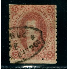 ARGENTINA 1867 GJ 28 RIVADAVIA 6ta TIRADA PE 11 III ESTAMPILLA CON MATASELLO ROSARIO U$ 60